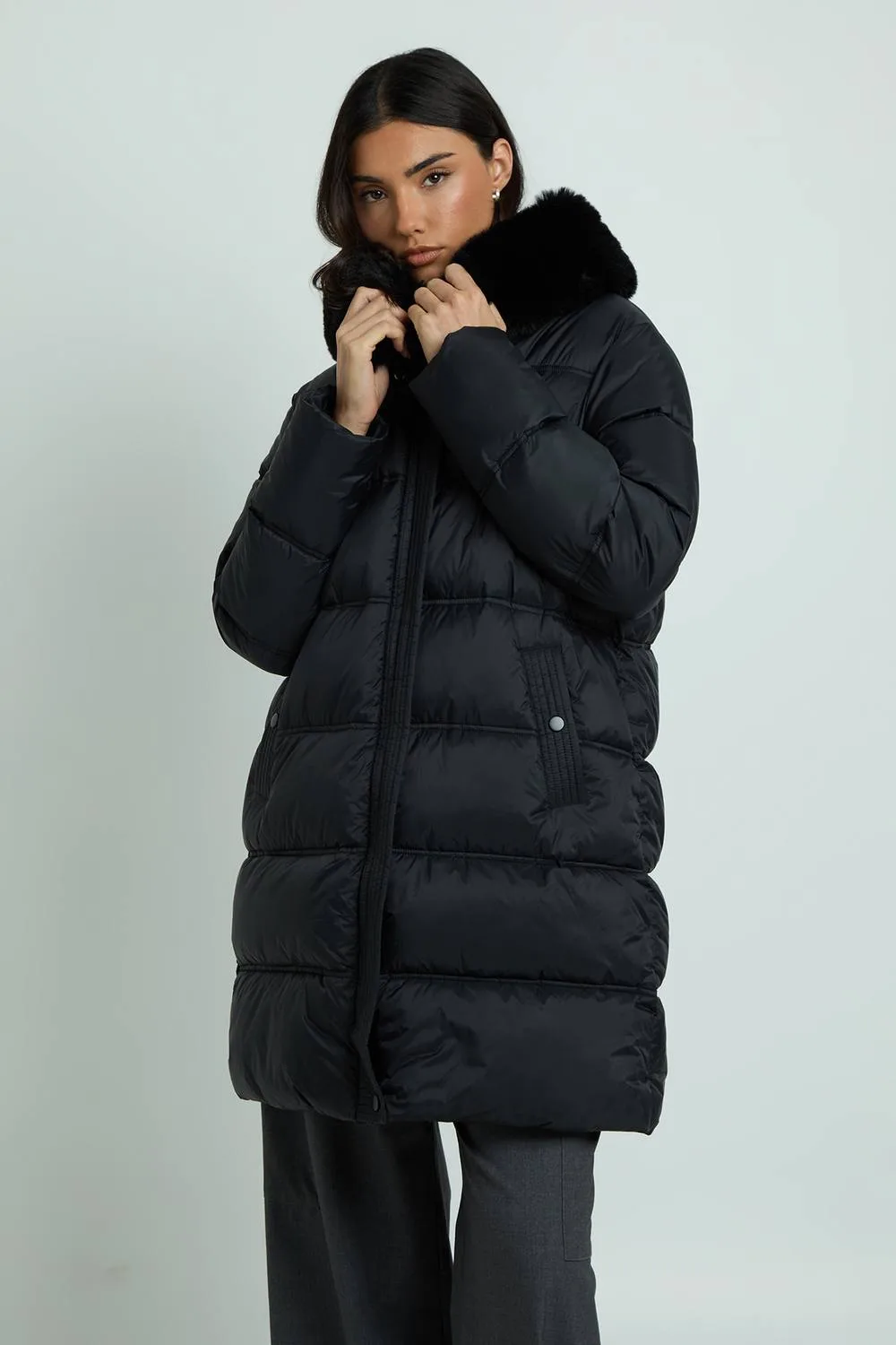 Faux Fur Trim Belted Midi Puffer Jacket by boohoo