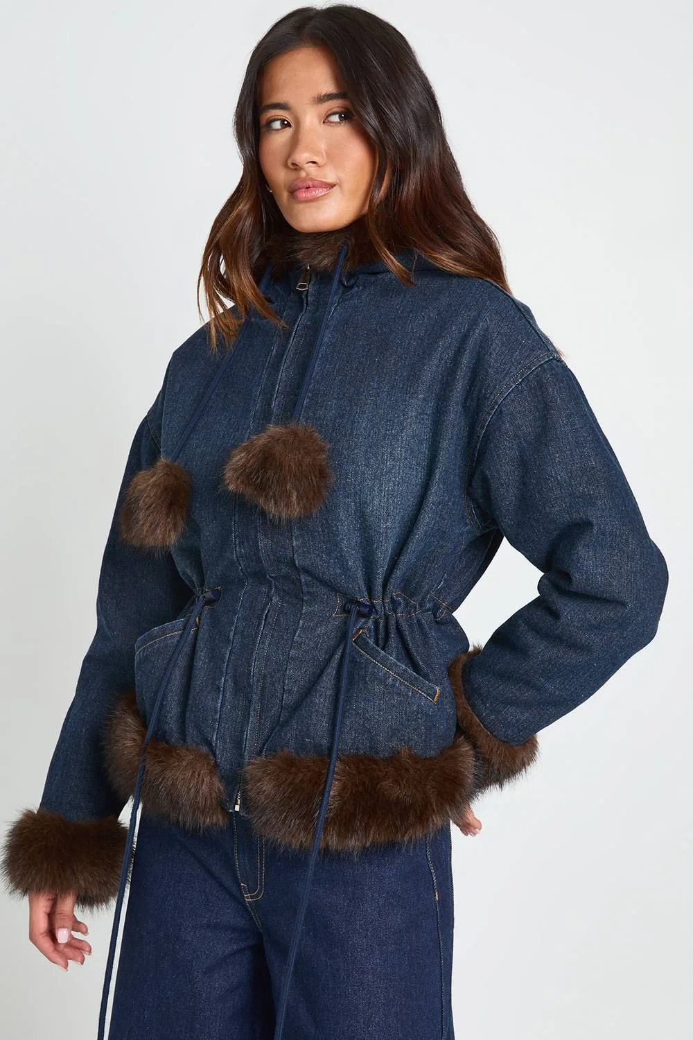 Y2K Faux Fur Trim Denim Jacket with Pom Pom Detail by boohoo