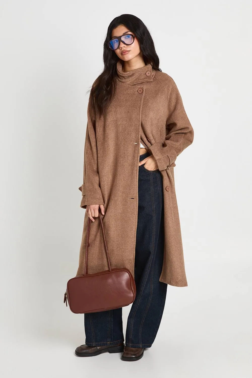 Funnel Neck Button Through Wool Look Coat by boohoo