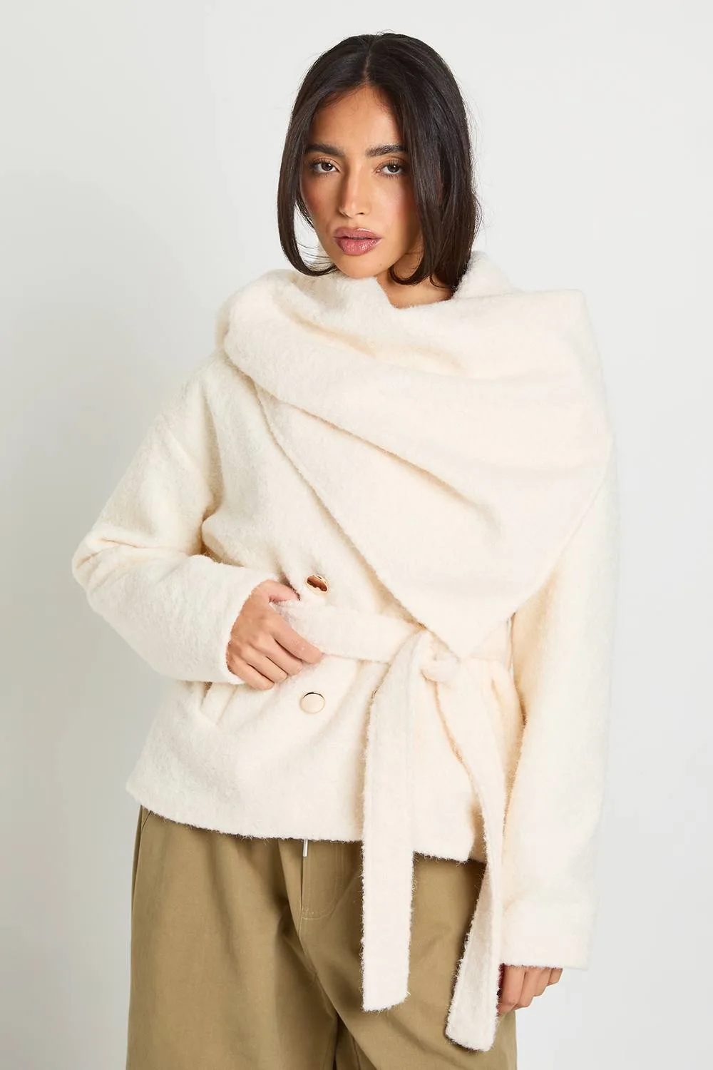 Cape Detail Wool Look Jacket by boohoo