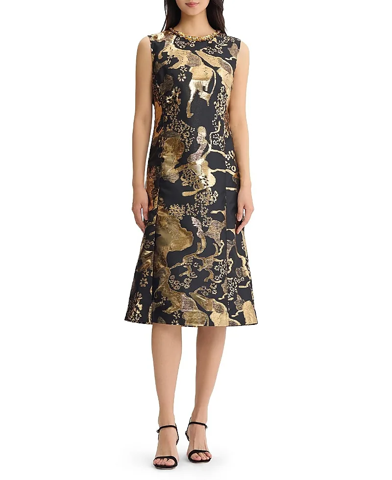 A-Line Gold Shimmer Sequin Woven Dress by Ming Wang