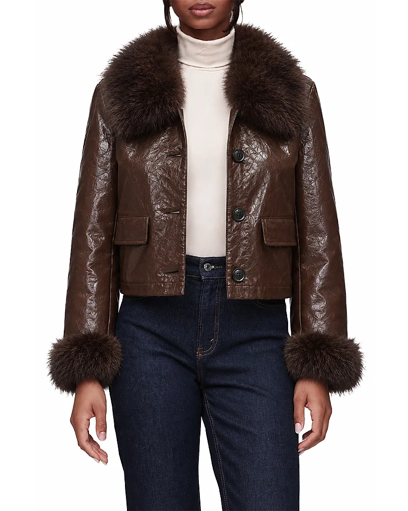 Crinkle Faux Leather Faux Fur Trim Jacket by Bagatelle