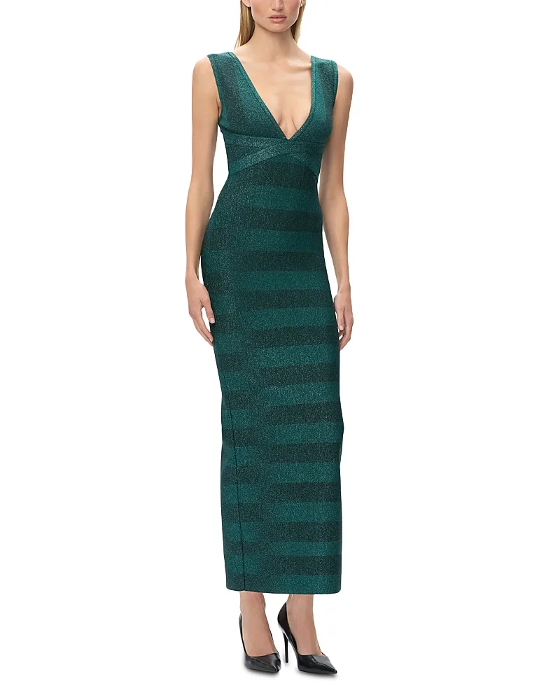The Metallic Teagan V Neck Dress by Herve Leger