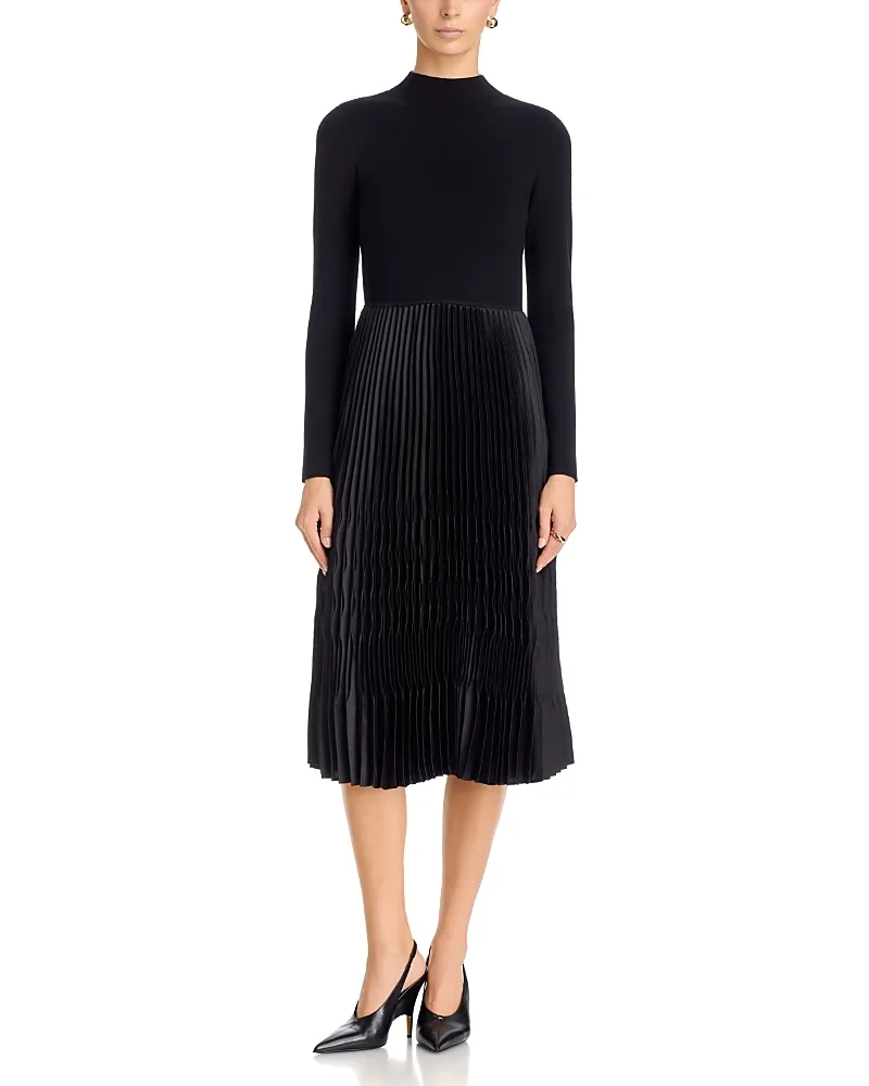 T Tahari Pleated Mixed Media Midi Dress