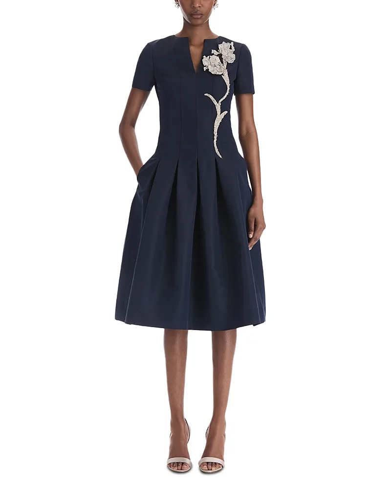 Silk Embroidered Faille Short Sleeve Dress by Oscar de la Renta