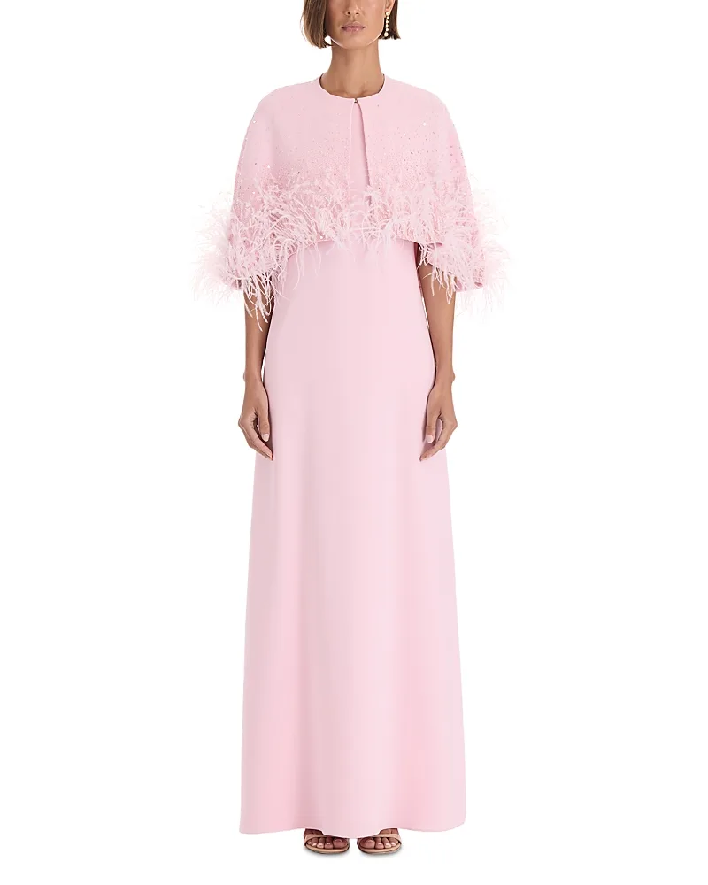 Beaded & Feather Trim Silk Stretch Caftan by Oscar de la Renta