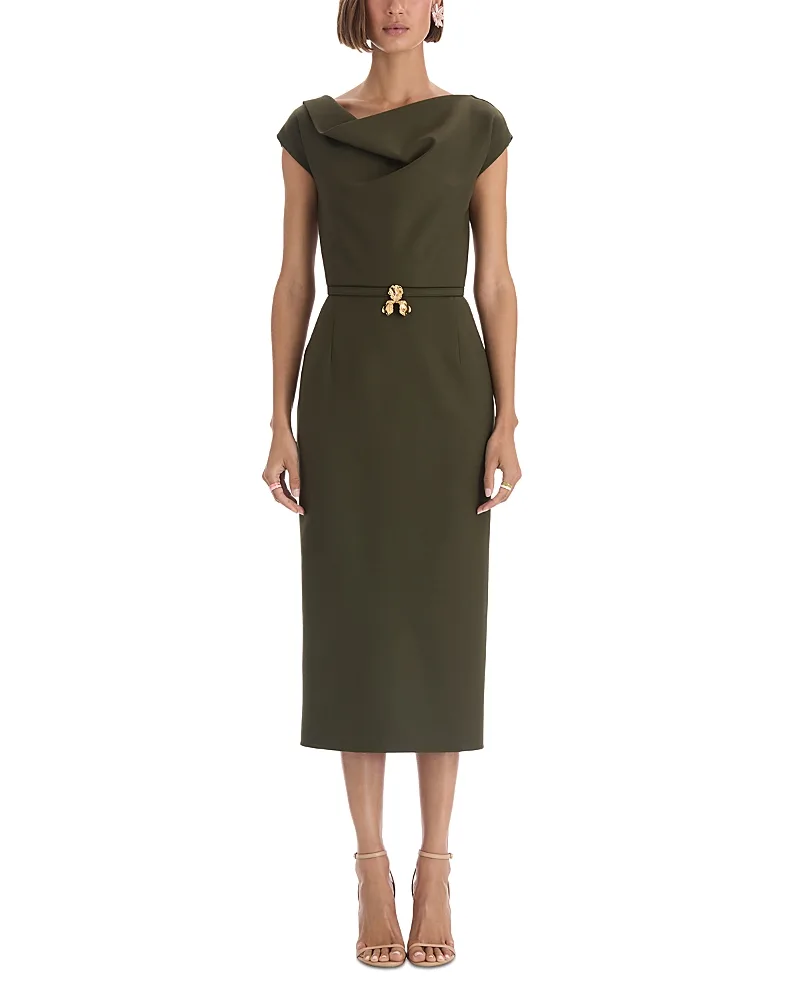 Wool Blend Drape Neck Belted Dress