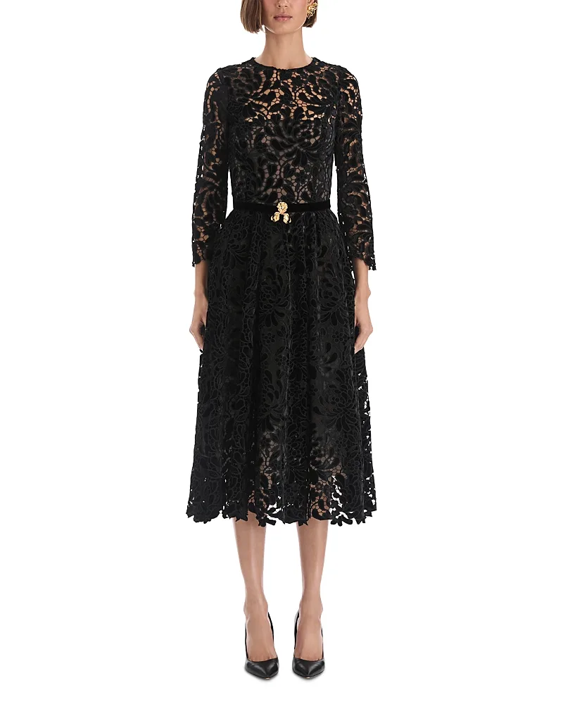 Chrysanthemum Guipure Belted Midi Dress by Oscar de la Renta