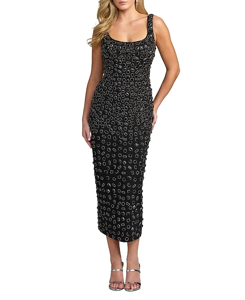Mac Duggal Scoop Neck Beaded Scuba Midi Dress by M.A.C.