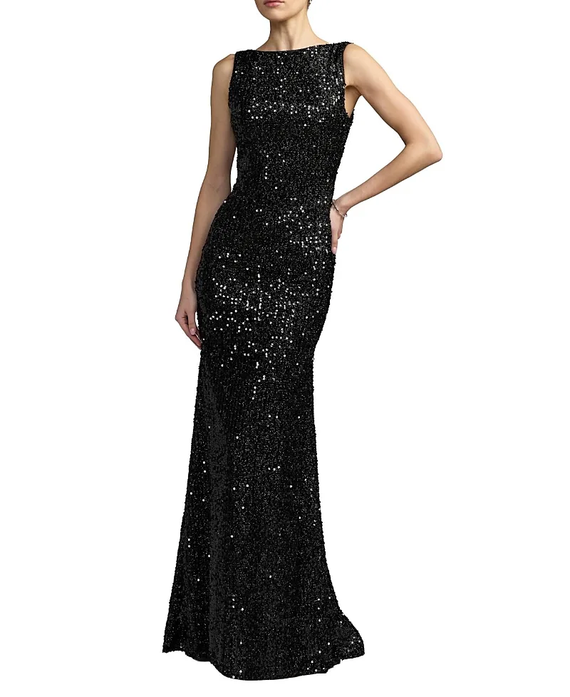 Mac Duggal Cowl Back Boat Neck Sequined Evening Gown by M.A.C.