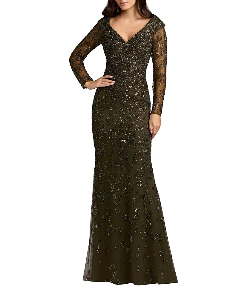 Mac Duggal Portrait Collar Long Sleeve Embellished Gown by M.A.C.