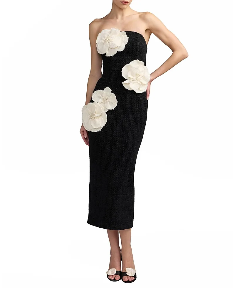 Mac Duggal Strapless Boucle Fitted Midi Dress with 3D Flowers by M.A.C.