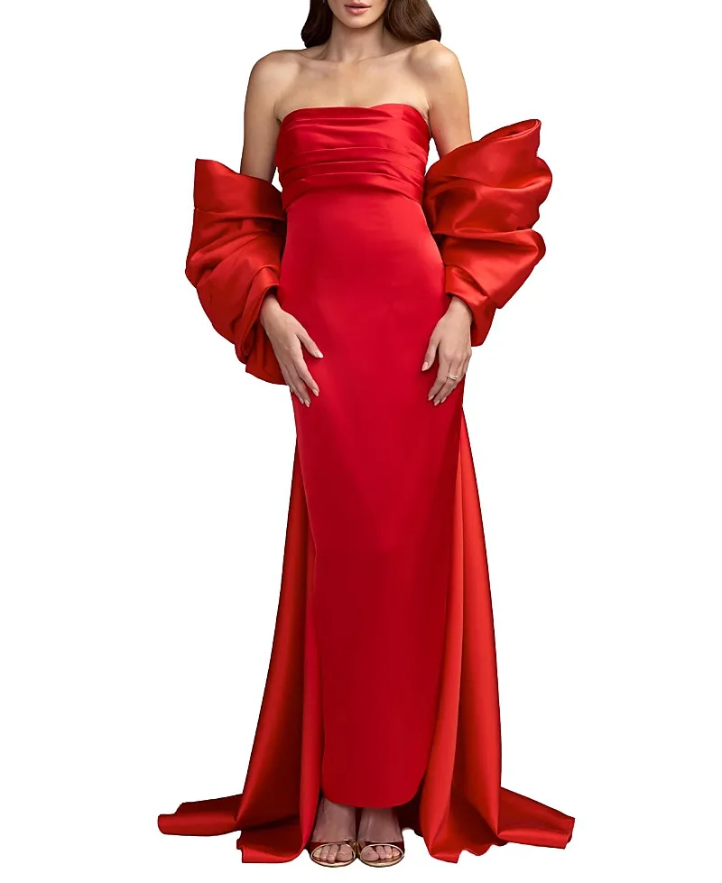 Mac Duggal Satin Strapless Ankle Dress with Oversized Bow by M.A.C.