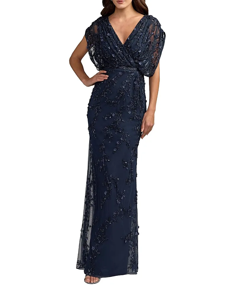 Mac Duggal Beaded V-Neck Short Sleeve Blouson Gown