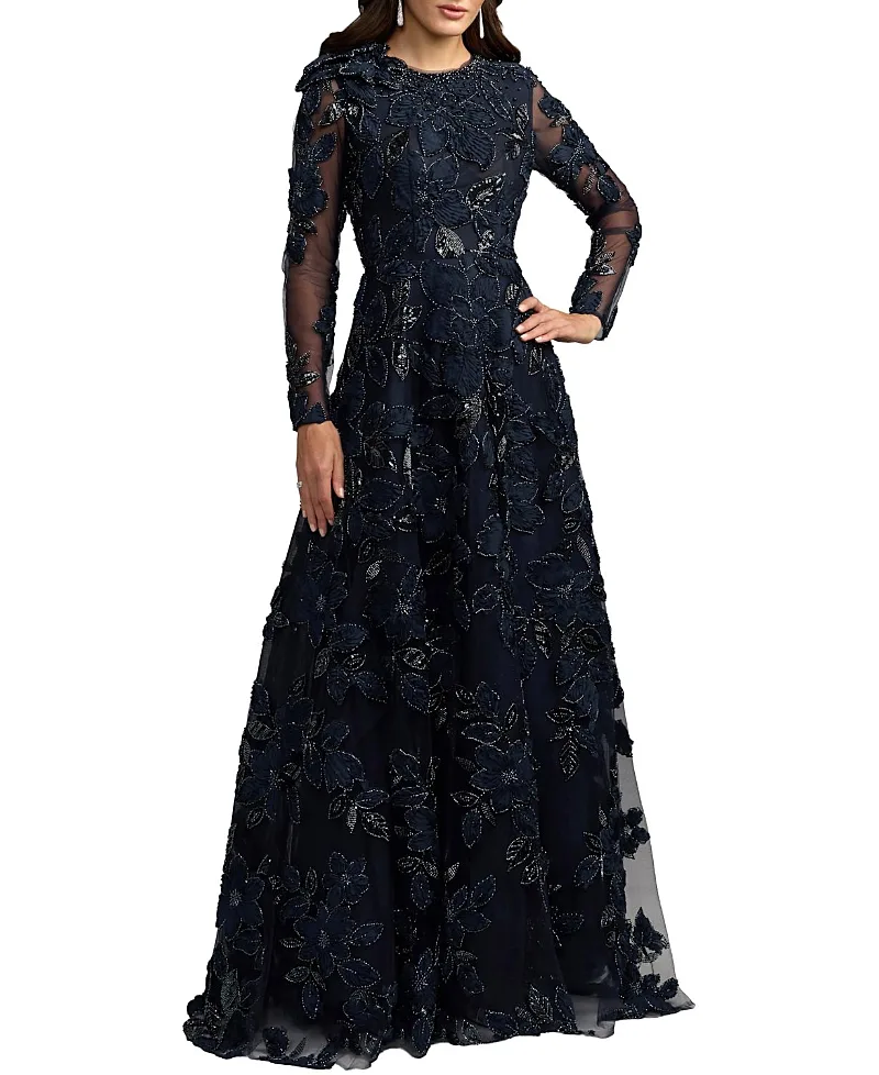 Mac Duggal Floral Detail Mesh Long Sleeve High Neck Gown