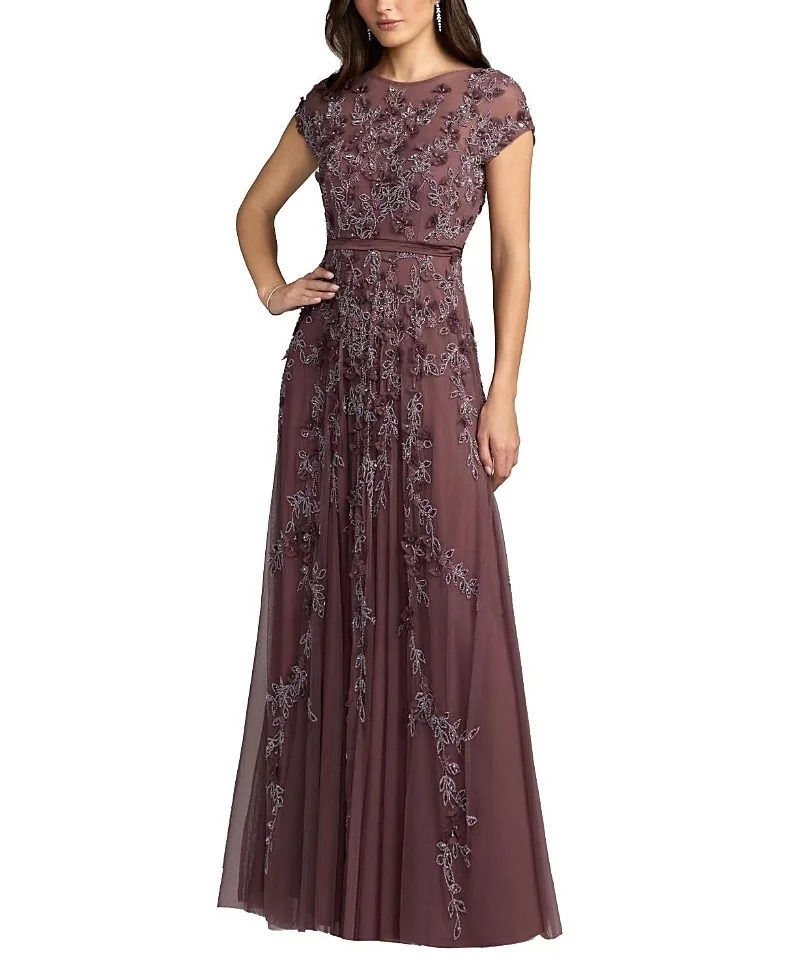 Mac Duggal Floral Embellished Short Sleeve Mesh Gown