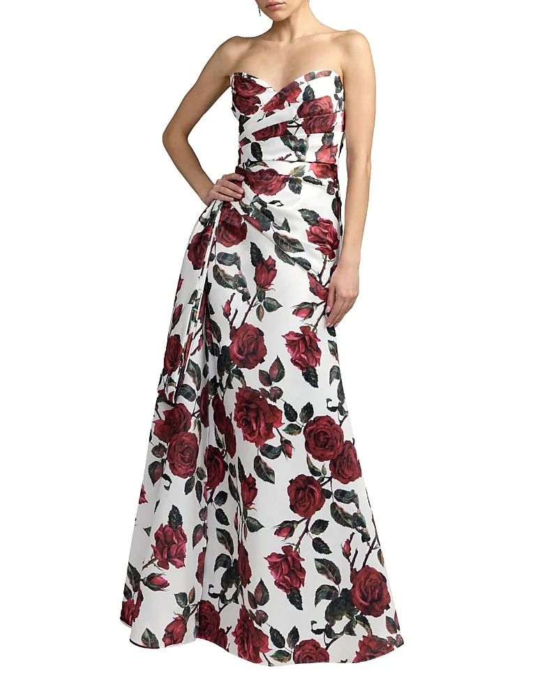 Mac Duggal Floral Strapless Satin Gown with Bow by M.A.C.