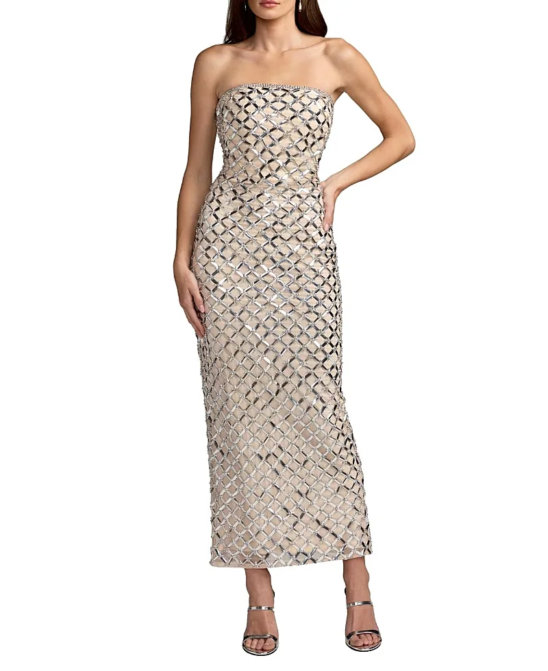 Mac Duggal Beaded Mesh Strapless Column Ankle Dress by M.A.C.