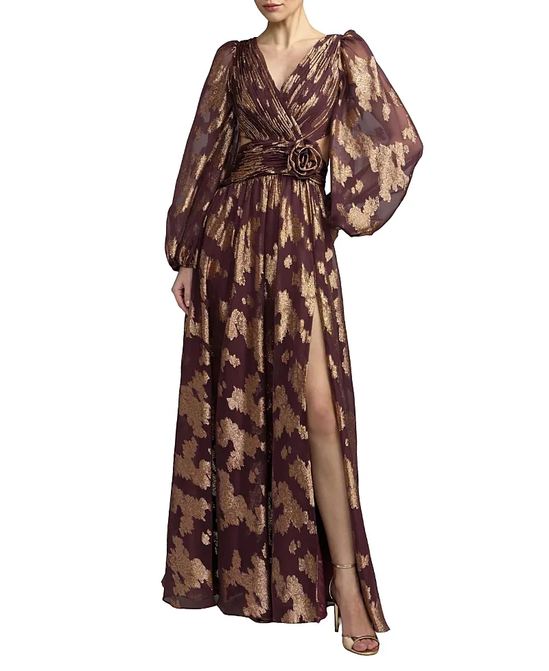 Mac Duggal Burnout Chiffon Bishop Sleeve V Neck a Line Gown