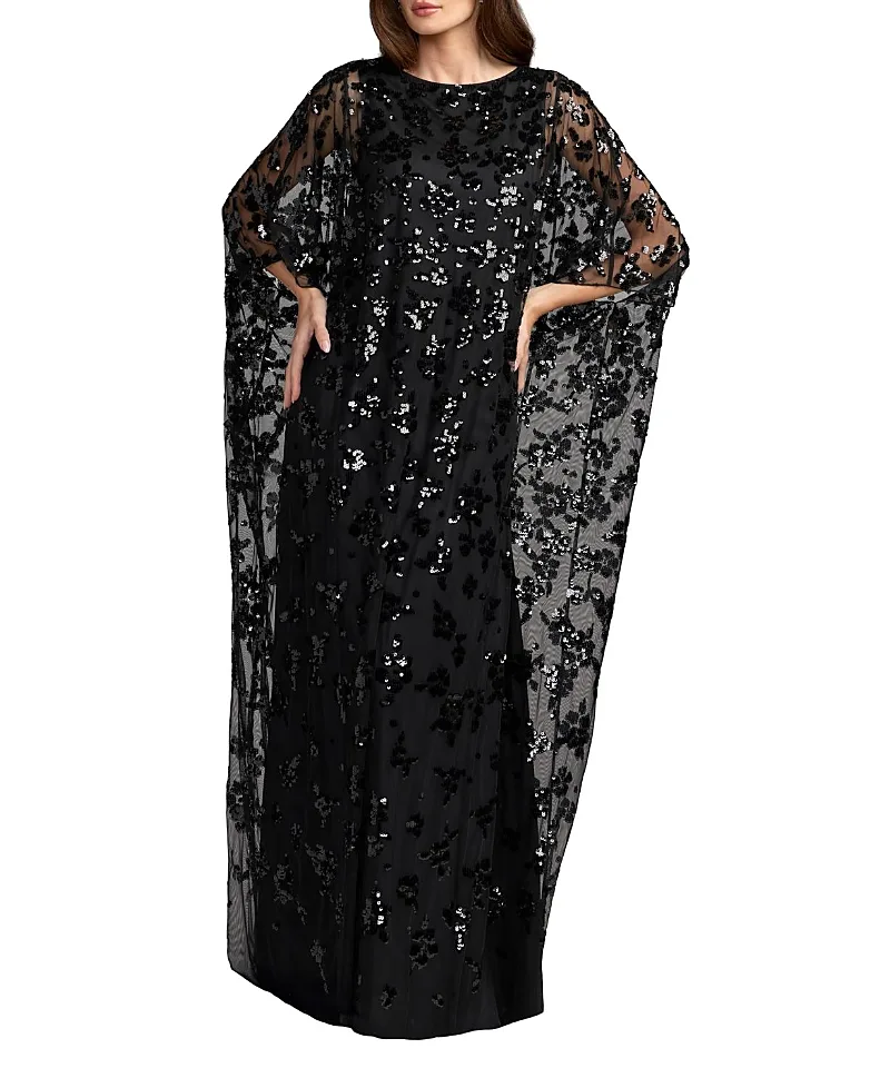 Mac Duggal Sequin Floral Cape Sleeve Caftan Gown
