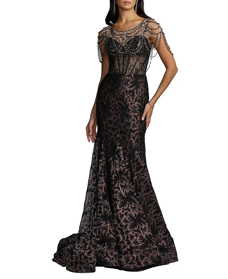 Mac Duggal Lace Corset Gown with Draped Beading by M.A.C.
