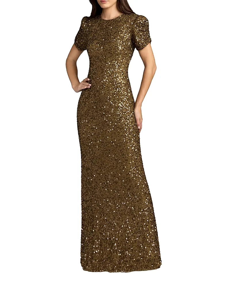 Mac Duggal Gathered Short Sleeve Beaded Gown by M.A.C.