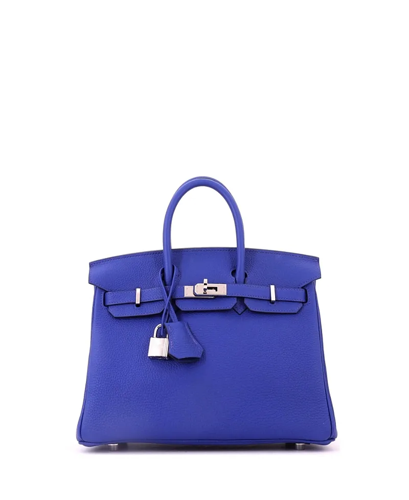 Pre-Owned Hermes Birkin 25 Handbag Blue Togo with Palladium Hardware by Hermes