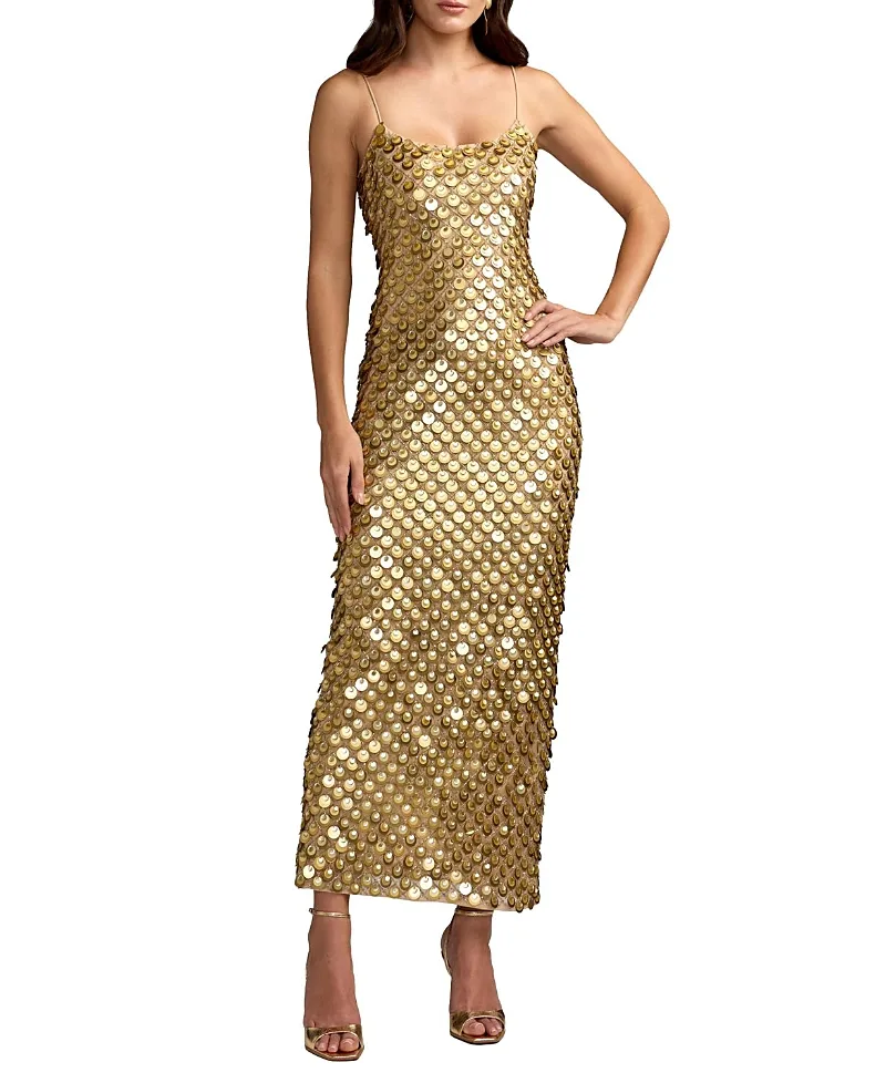 Mac Duggal Paillette Mesh Spaghetti Strap Column Ankle Dress by M.A.C.