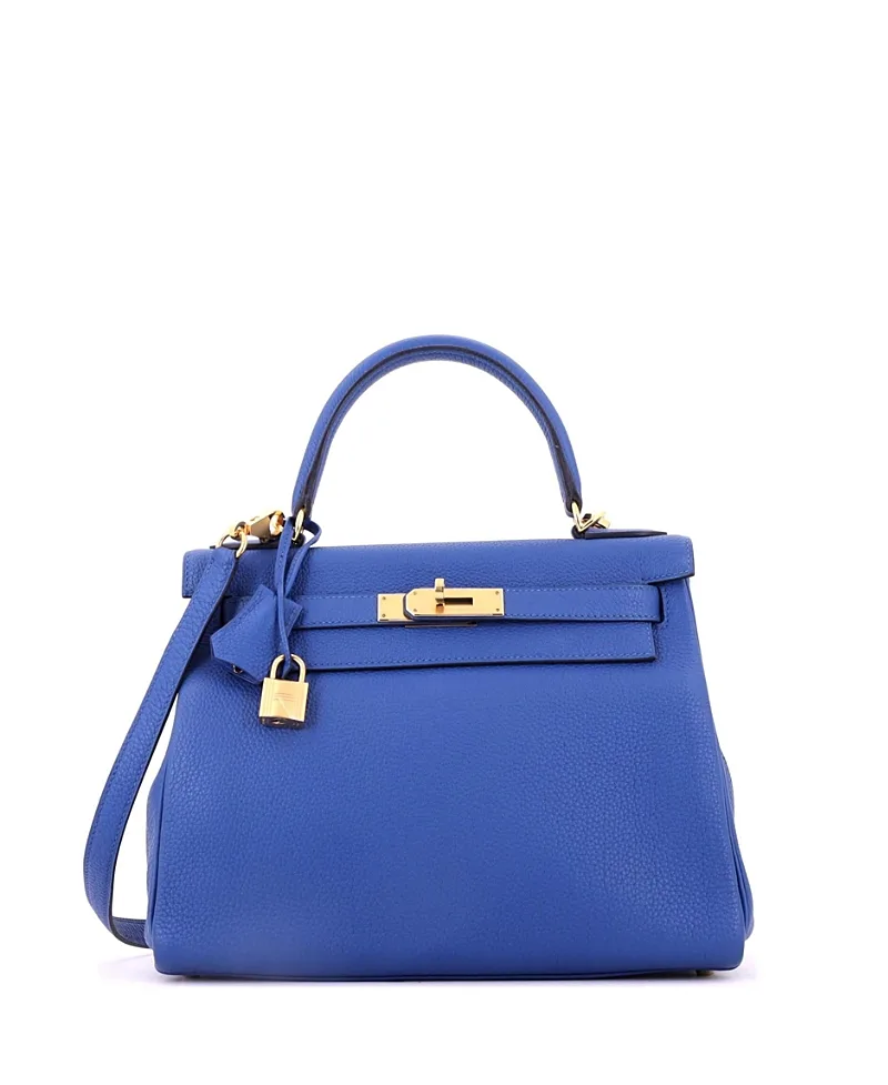 Pre-Owned Kelly 28 Handbag Blue Togo with Gold Hardware by Hermes