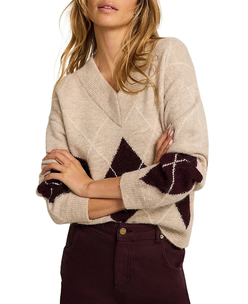 Argyle Knit Jumper Pullover Sweater with Long Sleeve and V-Neck by Mint Velvet