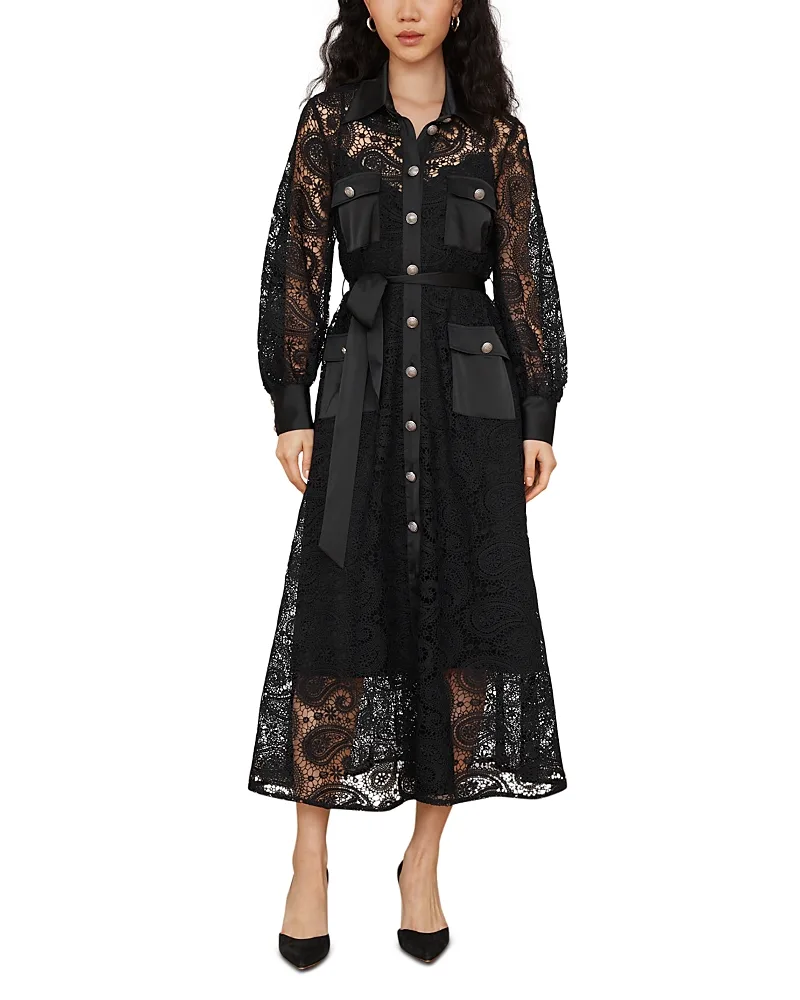 Delicate Lace Collared Long Sleeve Midi Dress