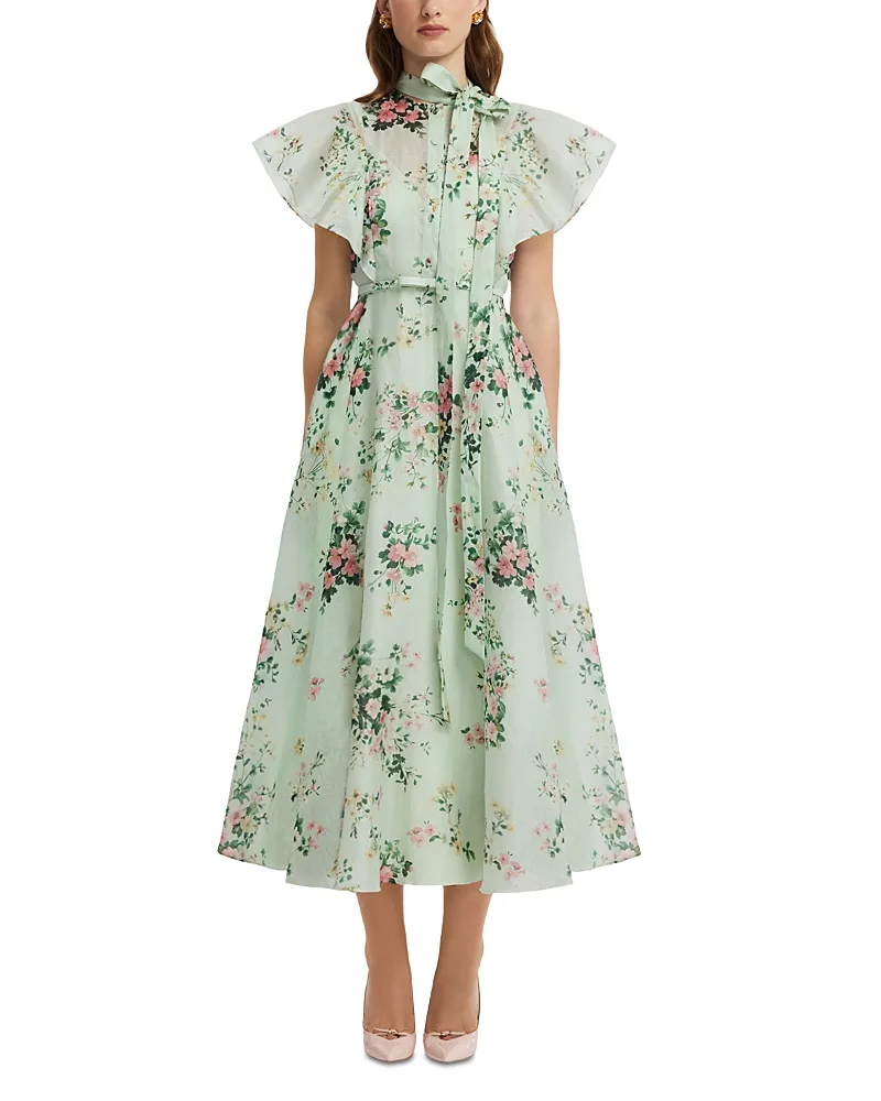 Elsie Linen & Silk Flutter Sleeve Midi Dress by Leo Lin