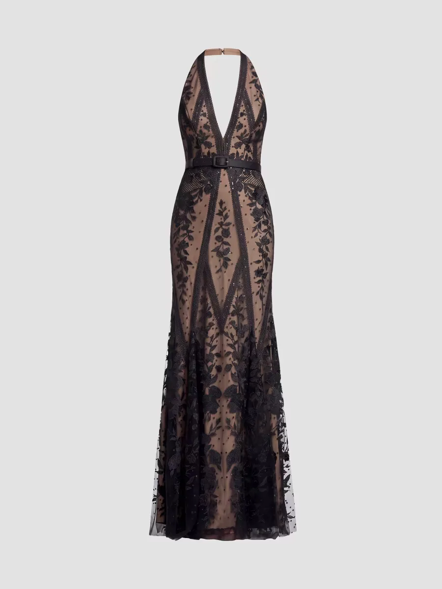 Devin Floral Lace Halter Mermaid Maxi Dress by Dress the Population