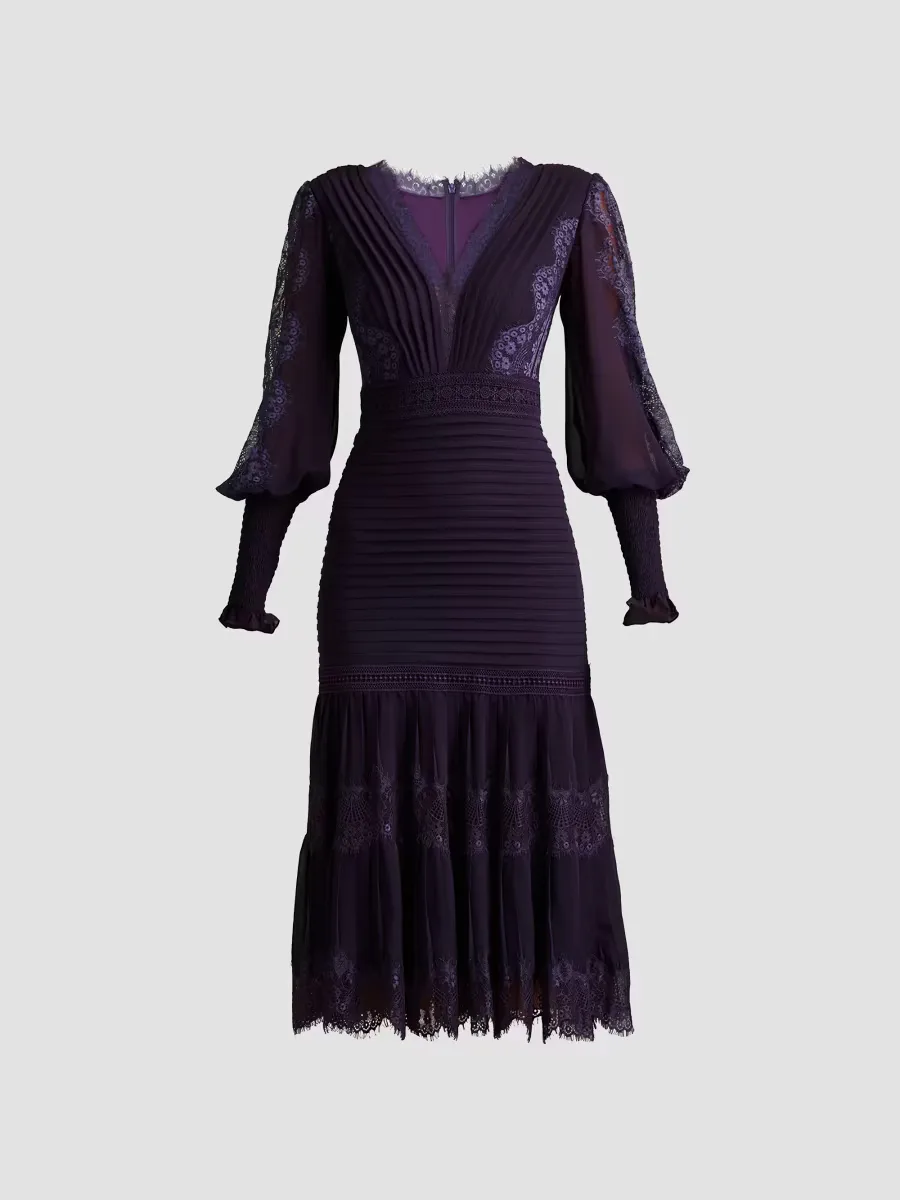 Lace Balloon-Sleeve Midi-Dress by Tadashi