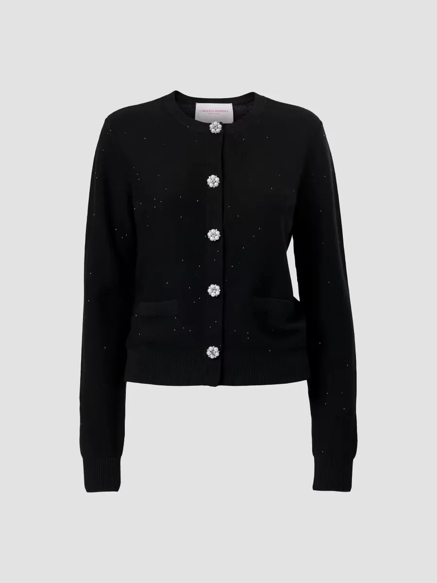 Embellished Sequined Stretch-Wool Crewneck Cardigan