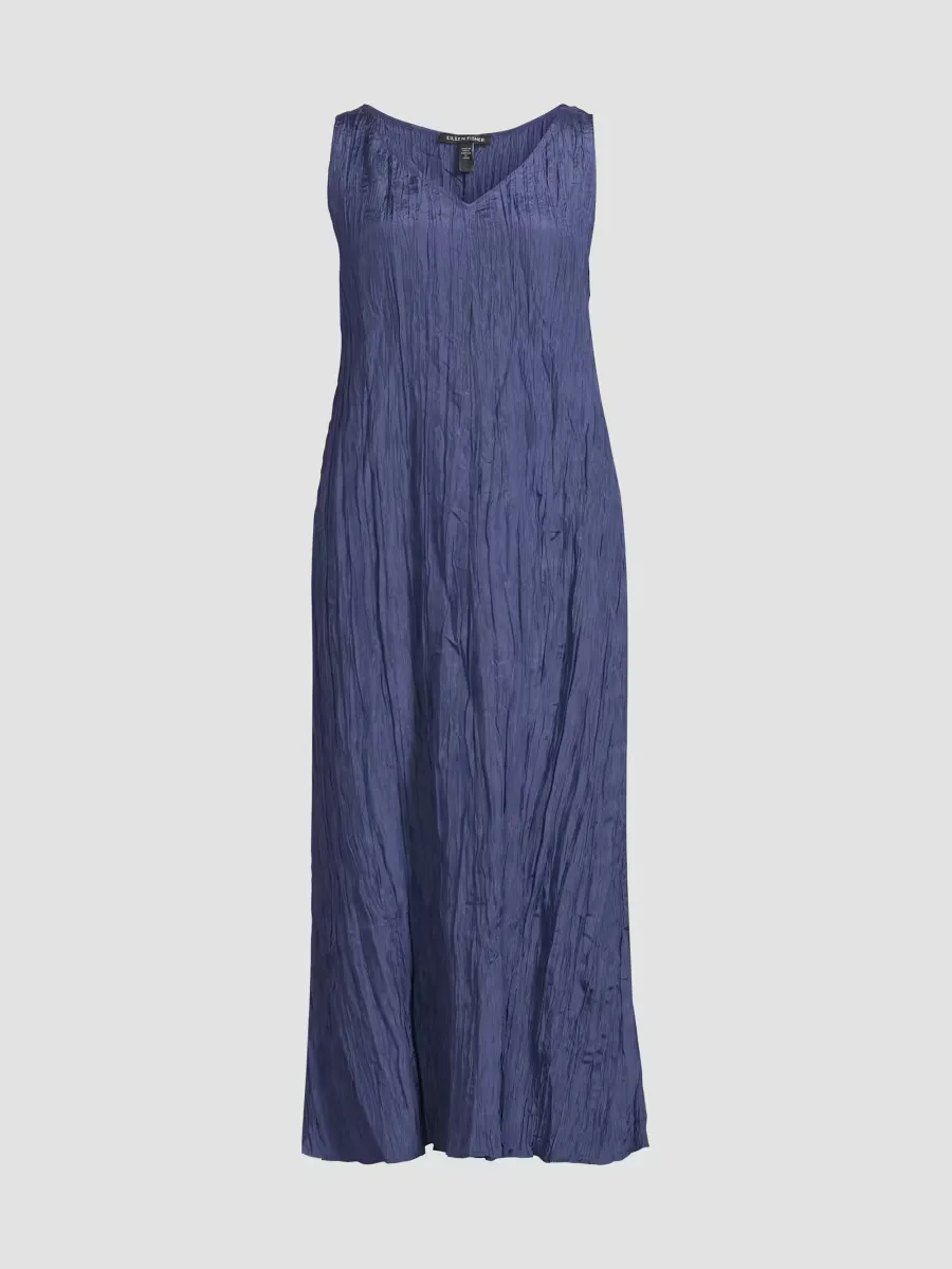 V-Neck Pleated Crushed Silk Midi-Dress by Eileen Fisher