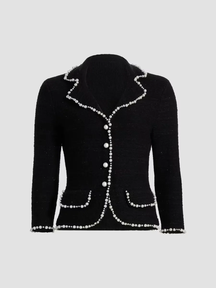 Teri Jon by Rickie Freeman Metallic Knit Imitation-Pearl Trim Blazer by Teri Jon
