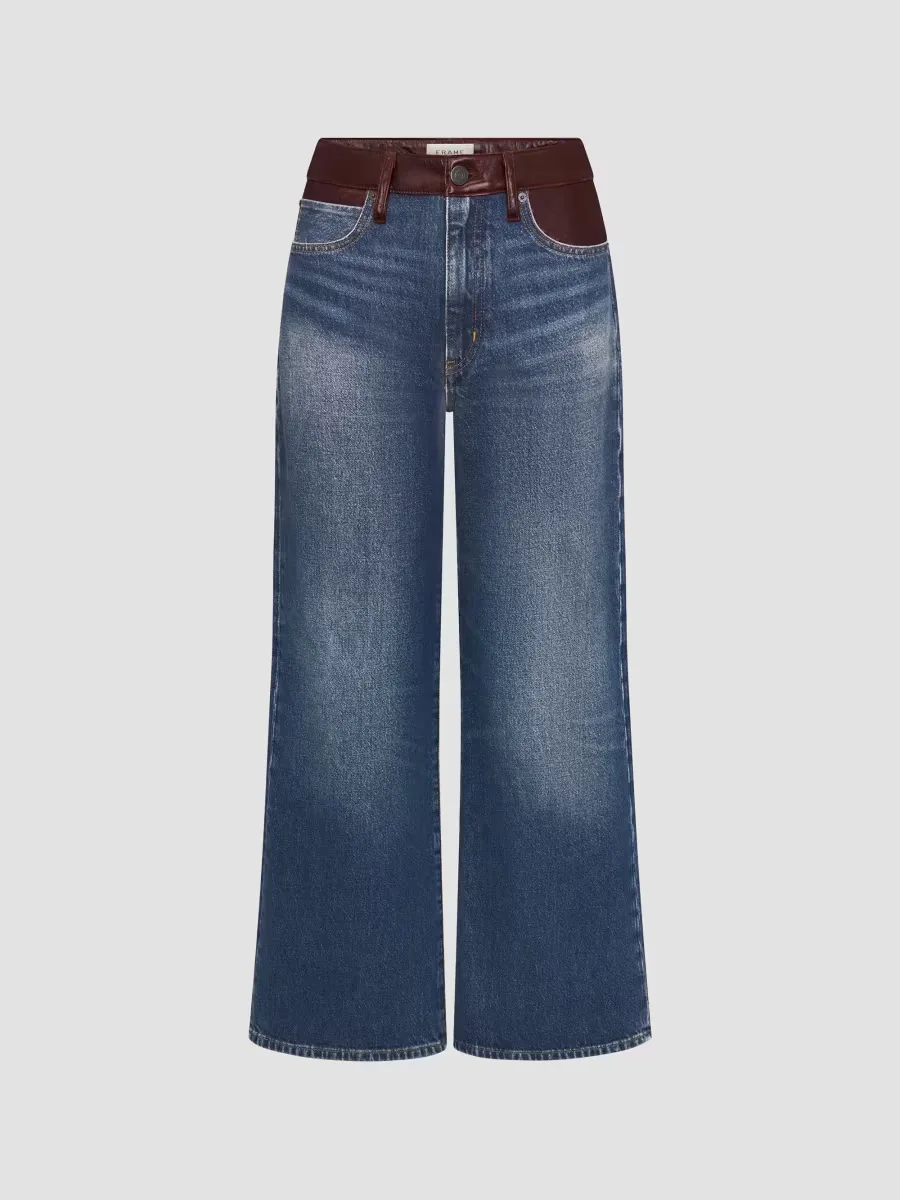 The Leather Contrast Swing Wide-Leg Jeans by FRAME