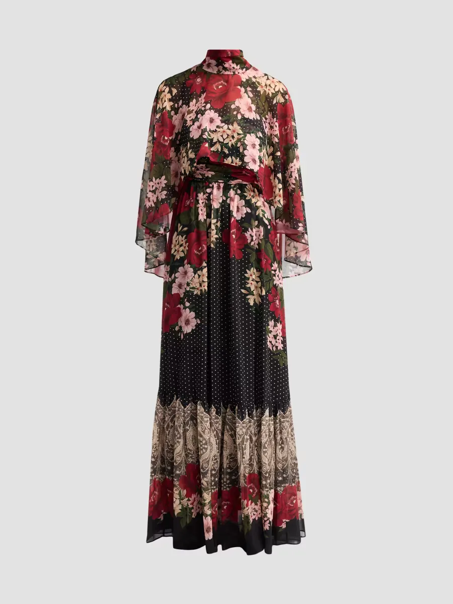 Sybil Floral Polka Dot Draped Maxi Dress