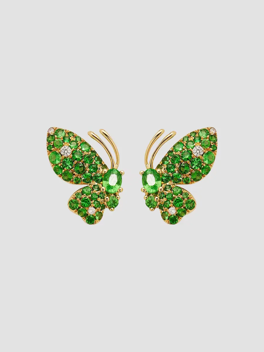 Butterfly 18K Yellow Gold, Green Garnet & 0.06 TCW Diamond Stud Earrings by Stfre