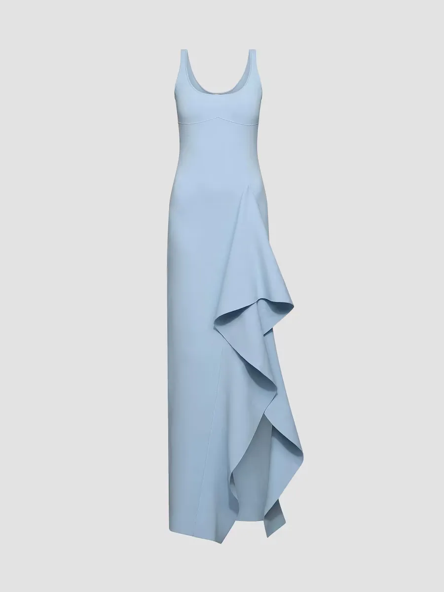 Drew Fine-Knit Ruffle Scoopneck Gown