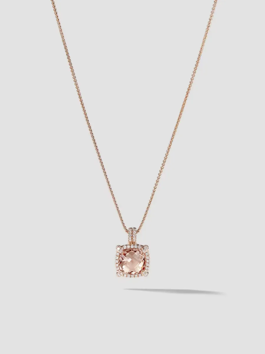 Chatelaine Pav Bezel Pendant Necklace in 18K Rose Gold with Morganite and Diamonds, 9MM by David Yurman