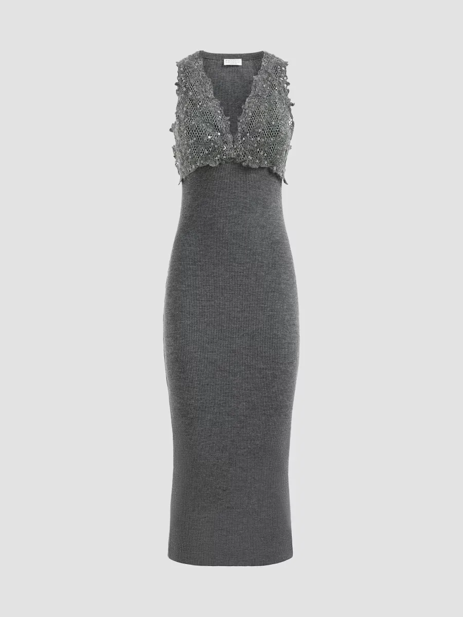 Ribbed Wool Jersey Dress with Dazzling Lace Embroidery by Brunello Cucinelli