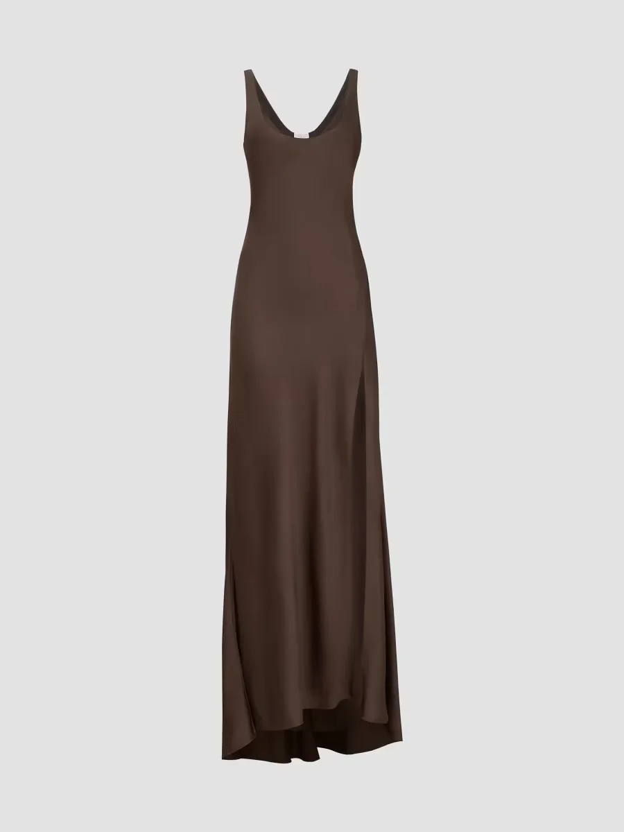 Stretch Silk Satin Long Dress by Brunello Cucinelli