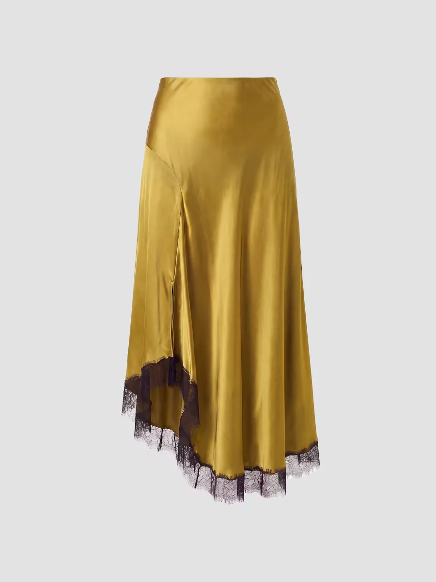 London Satin Lace-Trim Asymmetric Skirt by NICHOLAS