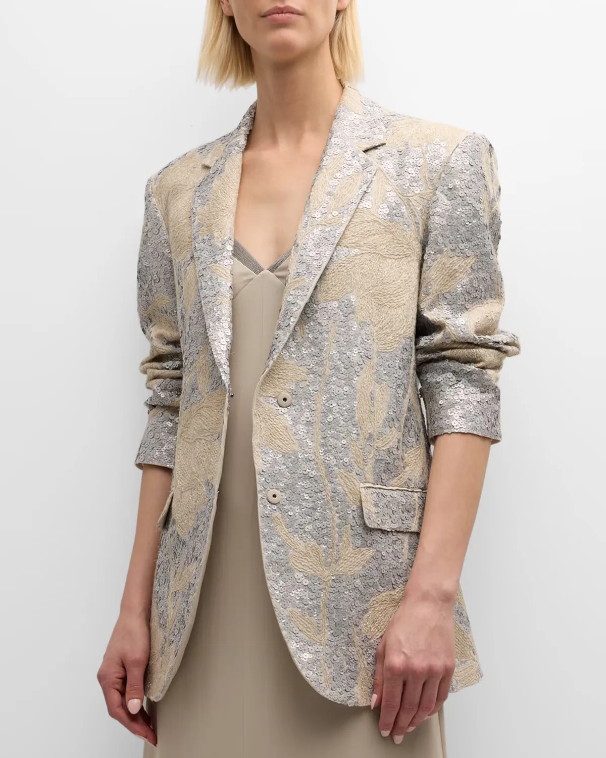 Paillette Magnolia Embroidered Single-Breasted Blazer Jacket by Brunello Cucinelli