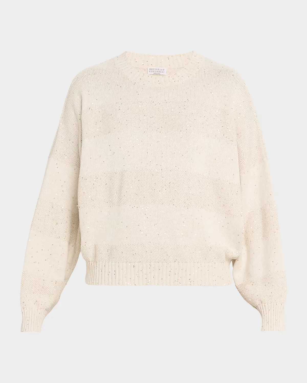 Linen-Cotton Pailette Striped Crewneck Sweater by Brunello Cucinelli