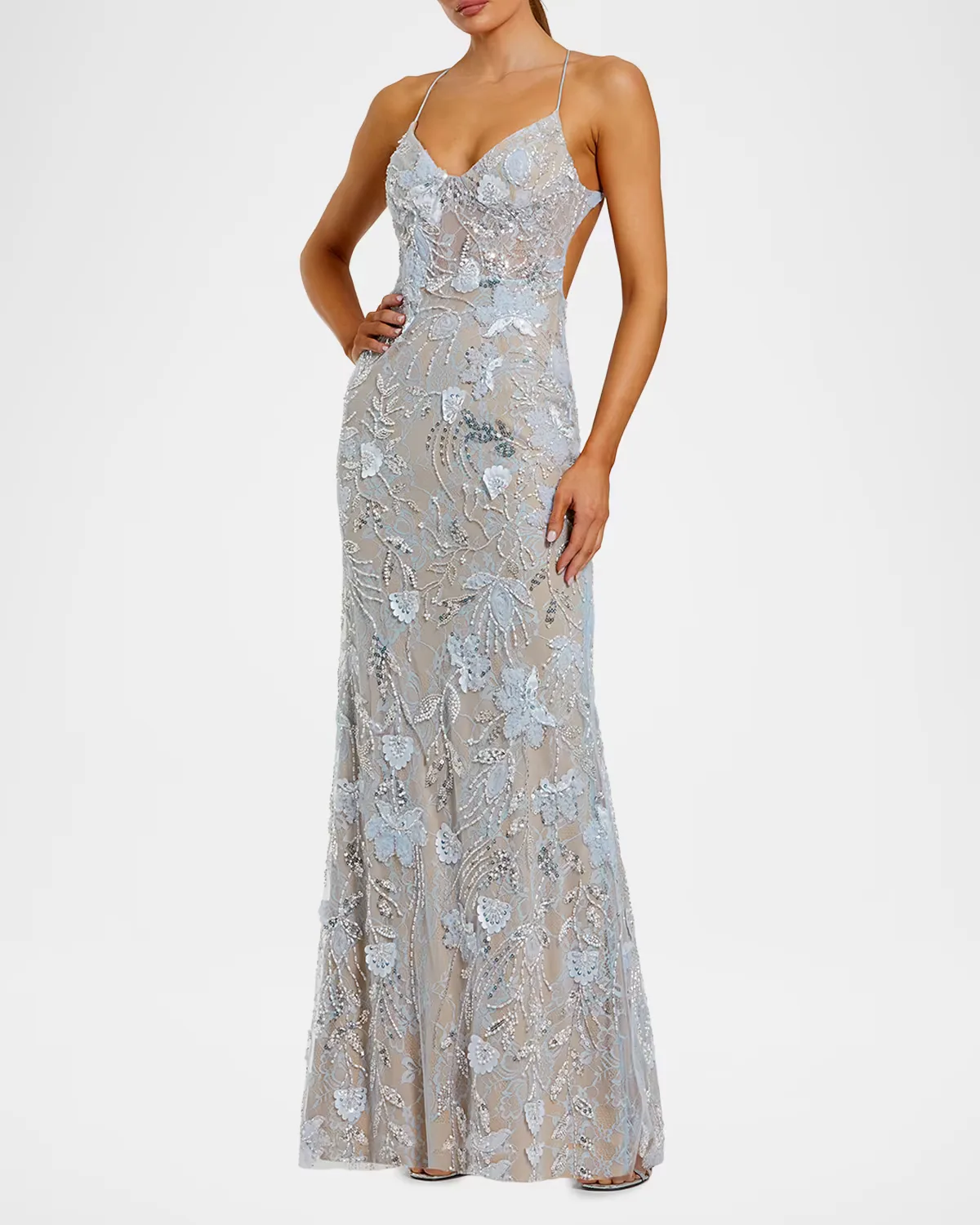 Embellished Floral Lace Open Back Gown