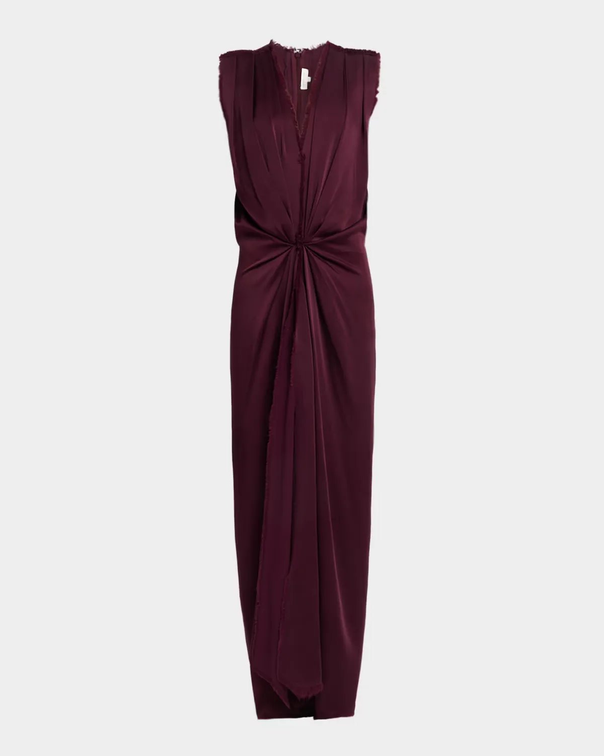 Plunging Draped Satin Column Maxi Dress