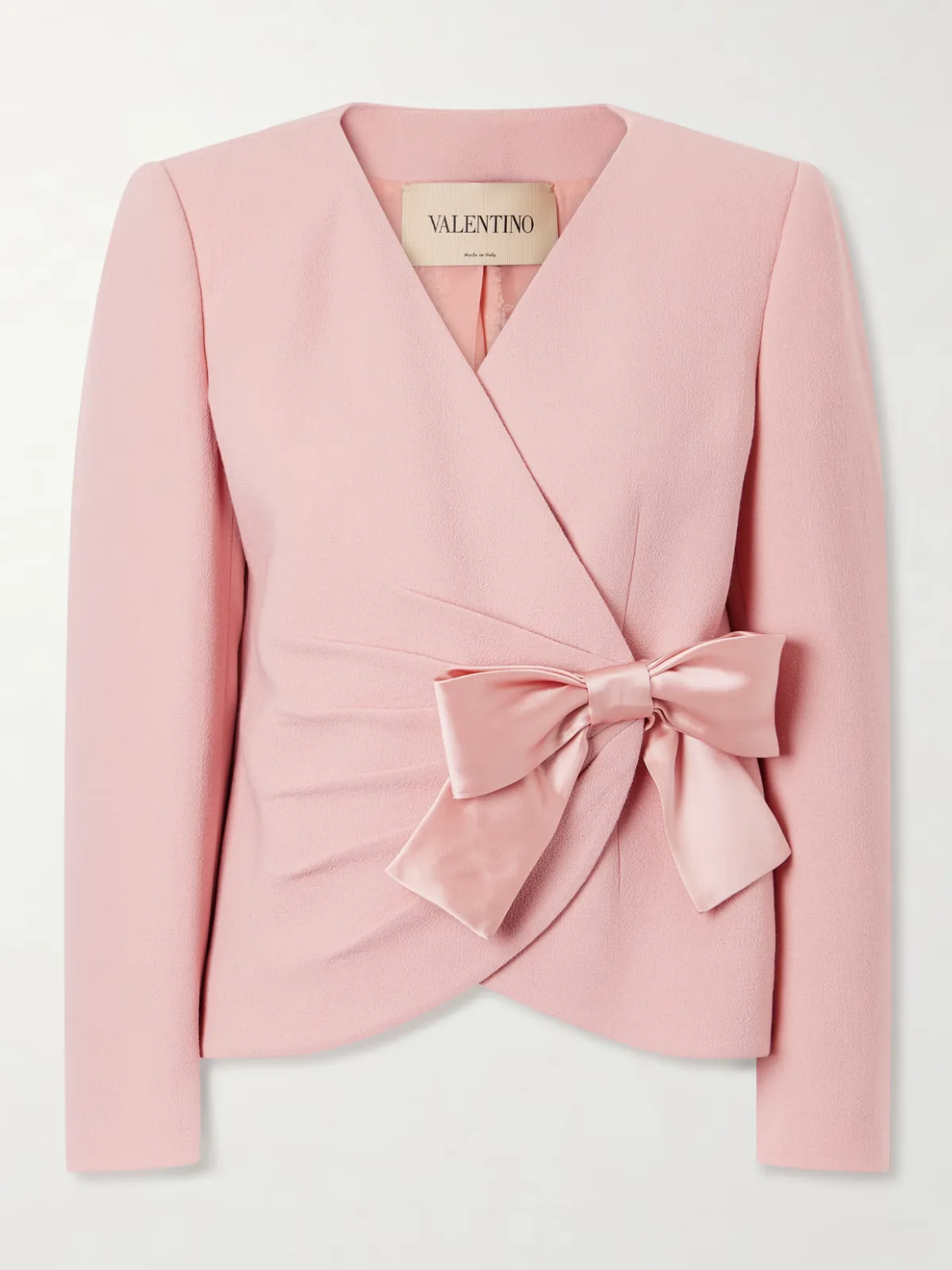 - Bow-detailed Satin-trimmed Gathered Wool-crepe Jacket - by Valentino Garavani
